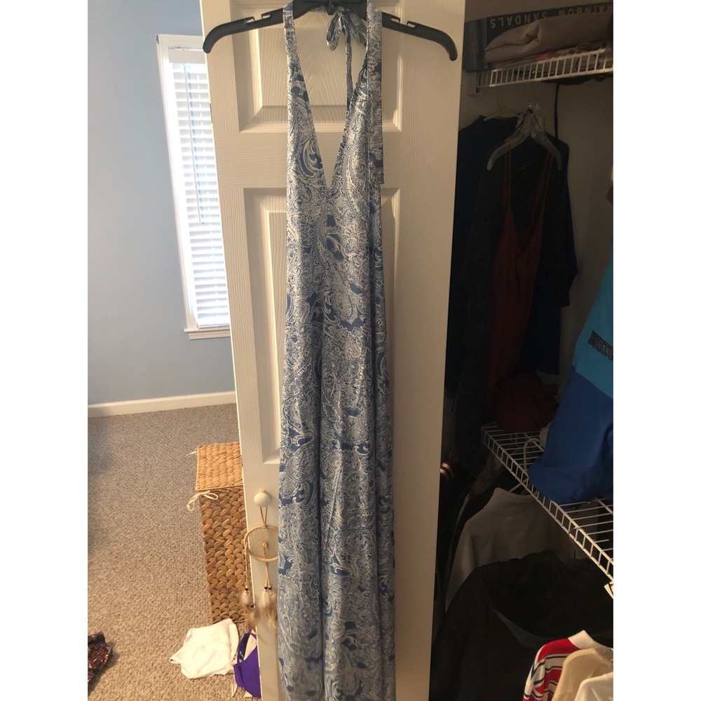 Blue flowy backless maxi dress